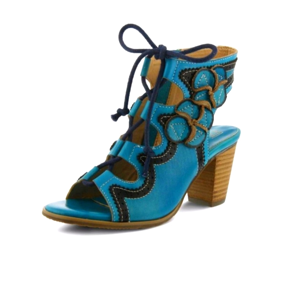 L'Artiste Alejandra Turquoise Lace Up Stacked Heel Bohemian Bootie Sandal